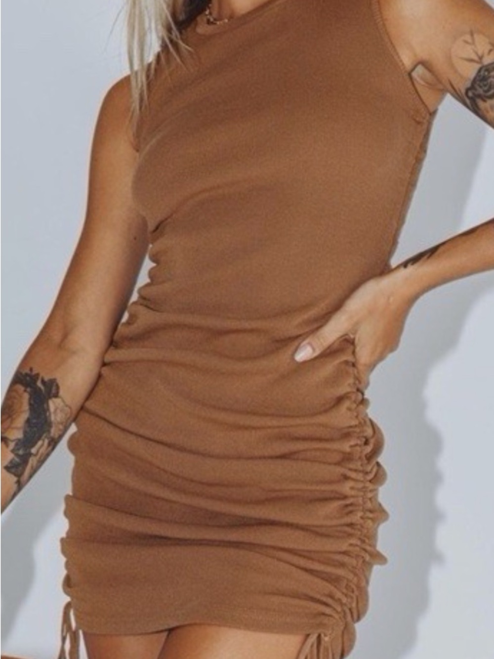 Lioness Camel Brown Sleeveless Ruched Mini Dress